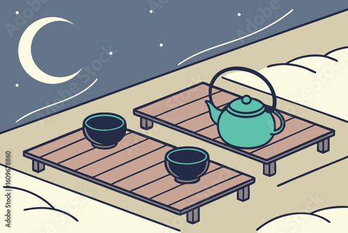 Nighttime beachside Korean tea ceremony with black cups and a teal teapot on wooden tables, blending culture and calm, modern flat illustration style