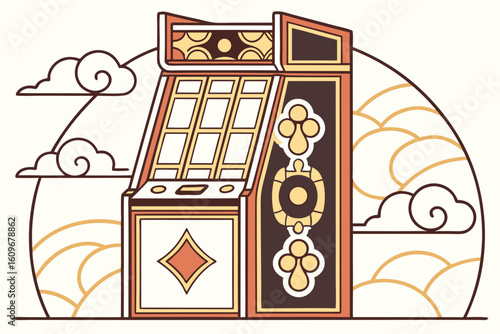 Ornate Chinese slot machine frame with clouds and golden accents, designed for mobile game interface, modern flat illustration style.