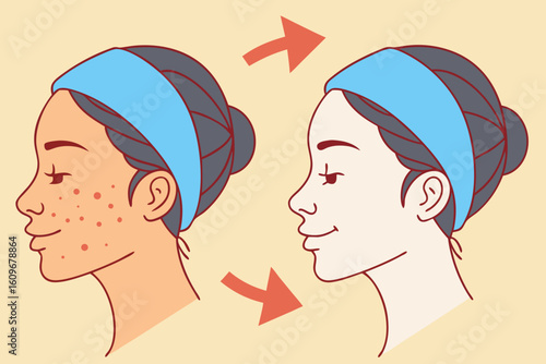 Oily skin and acne on Asian teen contrasted with smooth, clear complexion after treatment, reflecting teenage skincare success, modern flat illustration style
