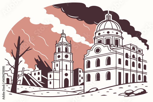 Panoramic view of a bombed city in ruins, smoke and fire rising under dark skies, evoking war devastation and loss, modern flat illustration style.