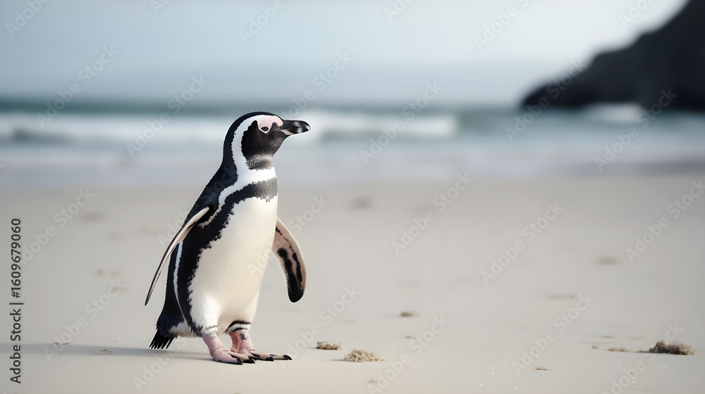 Obraz premium A penguin walking on a sandy beach with the ocean in the background.