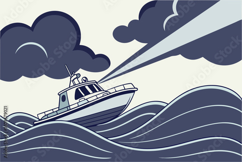 Police patrol boat speeds across ocean waves, leaving trails and reflections beneath a dramatic sky, showing marine surveillance, modern flat illustration style