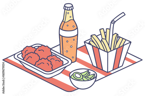 Glazed chicken wings paired with a cold drink and side dishes, creating a savory meal that tempts the senses, modern flat illustration style