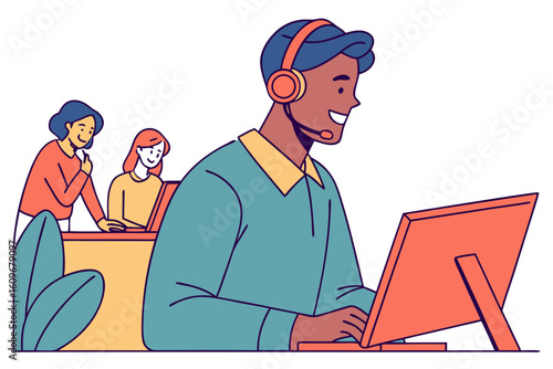 Happy male customer service agent with headset smiles while working in a lively office space filled with supportive teammates and computers, modern flat illustration style