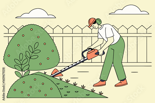 Man trims a green shrub with an electric hedge trimmer in a sunny backyard, showcasing modern gardening tools and outdoor landscaping care, modern flat illustration style