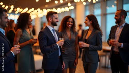 Diverse group of professionals socializing and networking at a corporate event with drinks in hand