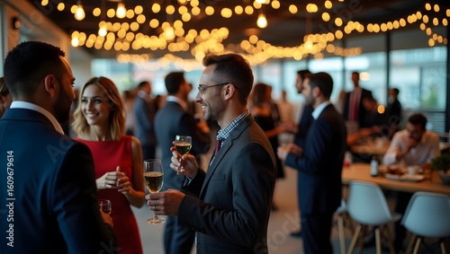 People mingling at a corporate event with champagne glasses and string lights in the background indoors