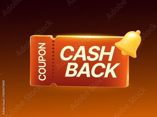 3d cashback voucher with coupon code, golden bell, isolated on background. Cashback voucher icon in 3d vector illustration. Vector illustration