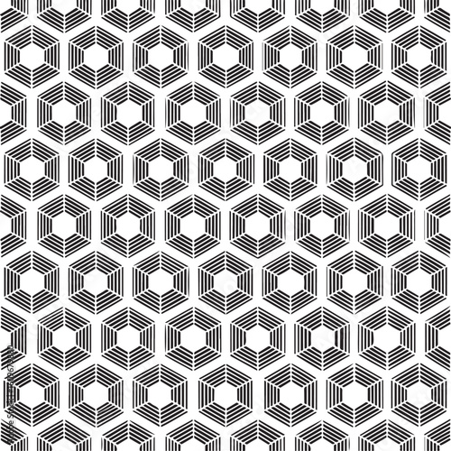 Geometric Cubist Illusion Seamless Pattern in Black and White Repeated Hexagons and Stripes Creating an Optical Art Vibe