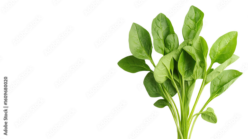 Fototapeta premium Fresh spinach leaves on a white isolate background, showcasing vibrant green color and texture for culinary use.