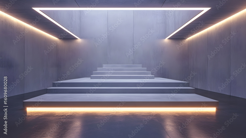 Obraz premium Minimalist concrete stage with dynamic LED backlighting creates modern and sleek atmosphere