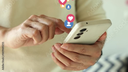 slow motion scene man hand use smartphone to check news feed from social media network application while sitting in cafe at relaxing time for city lifestyle concept	
