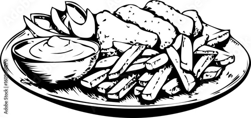 Vector illustration of classic fish and chips with tartar sauce and lemon wedges. Ideal for fast food menus, British cuisine visuals, pub branding, and snack packaging.