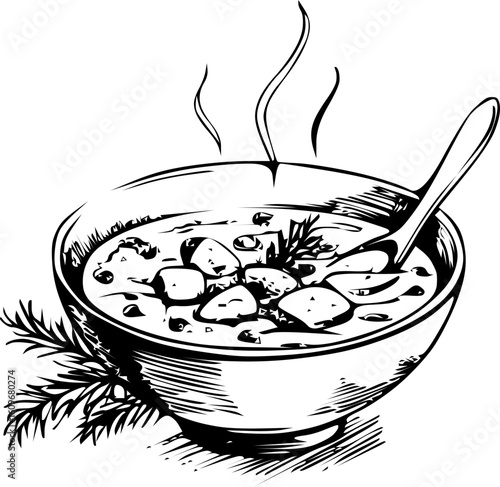 Vector illustration of creamy fish chowder with dill and potatoes, served hot in a bowl. Ideal for cookbooks, seafood branding, comfort food visuals, and culinary blog content.