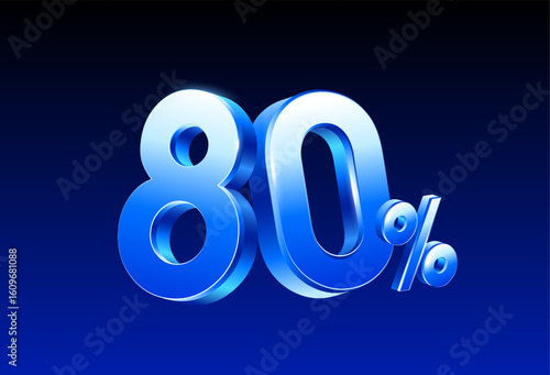 3d 80% or 80 percent rendered in blue metal style, vector illustration. 80 percent icon in 3d number vector illustration. Vector illustration