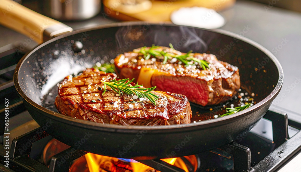 Fototapeta premium Beef rib eye steaks on a stove with spices. AI