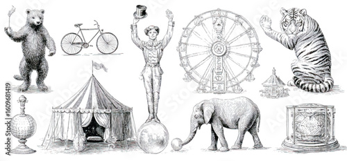 Vintage Circus Illustration Featuring Animals Performers and Attractions for Nostalgic Designs and Creative Projects with Detailed Sketching