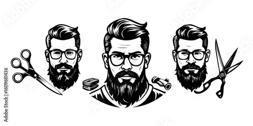 barbershop logo engraving set. man with beard portrait, male styling hairstyle haircut style fashion glasses emblem vector illustration
