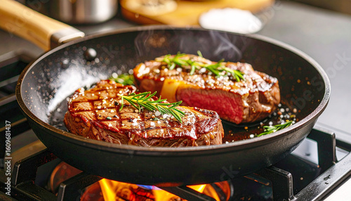 Beef rib eye steaks on a stove with spices. AI
