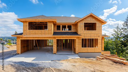 Modern house under construction with wooden framework and open garage under clear blue sky