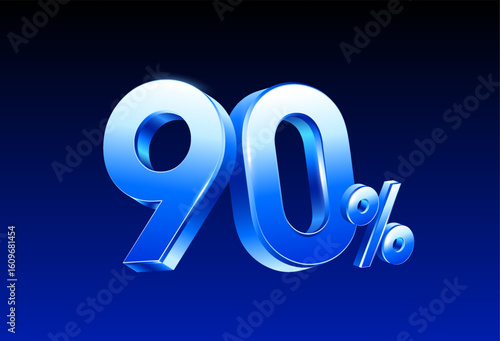 3d 90% or 90 percent rendered in blue metal style, vector illustration. 90 percent icon in 3d number vector illustration. Vector illustration