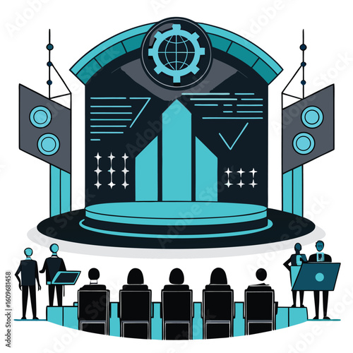 Modern conference stage presentation design with attendees speakers and global technology illustration in abstract style