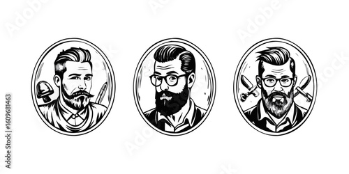 barbershop logo engraving set. man with beard portrait, male styling hairstyle haircut style fashion glasses emblem vector illustration
