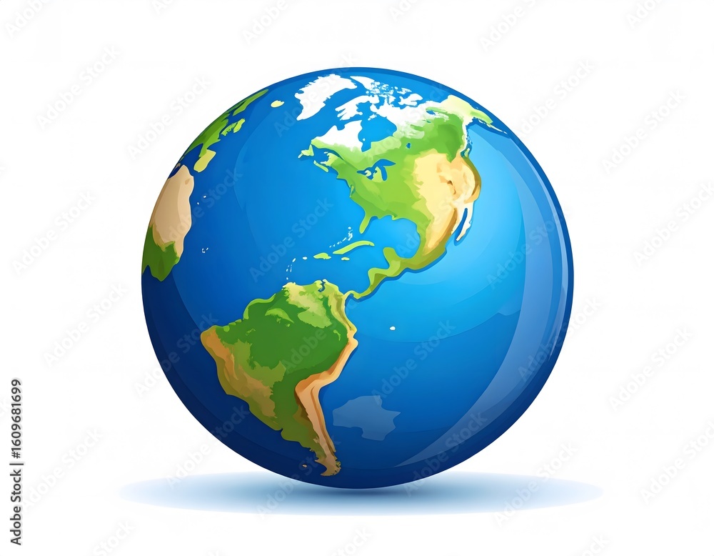 Naklejka premium Illustration of a globe showing North and South America with blue oceans and green landmasses, casting a shadow on a white background.