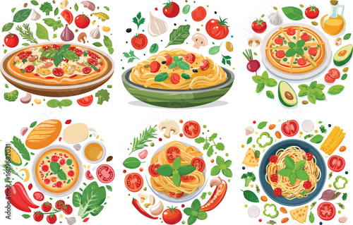 Six circular illustrations of Italian pizza and pasta dishes surrounded by fresh ingredients.