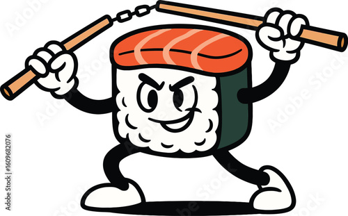 Action-Packed Cartoon Sushi Character Wielding Nunchaku Weapons
