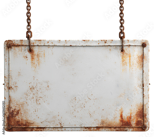 Old white metal sign with rust on transparent background PNG, white board with no text.
