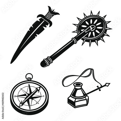 Black silhouettes of ancient weapons compass and inkwell mace dagger