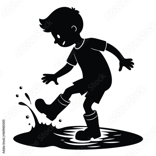 Playful black silhouette illustrates a young boy in wellies splashing happily in a puddle creating water droplets