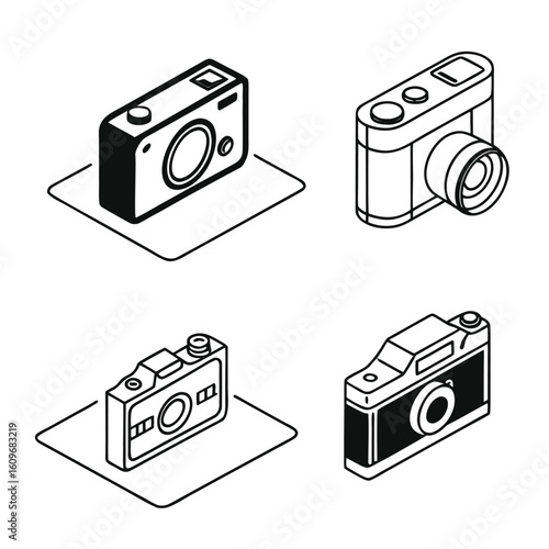 Four isometric cameras in black and white photography