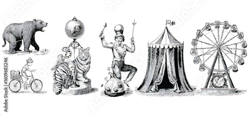 Vintage Circus Illustrations with Animals Ferris Wheel and Performer Black and White Drawings for Nostalgic Designs