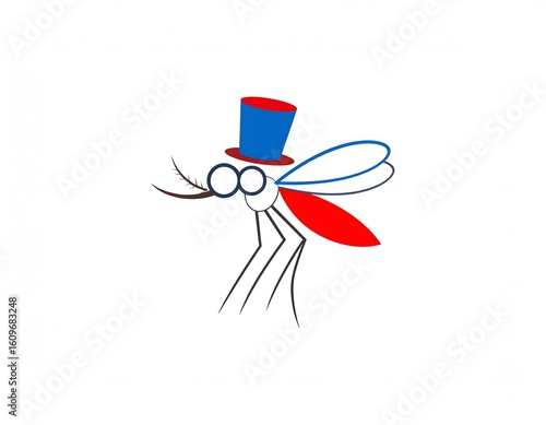 Cartoon mosquito wearing a red, white, and blue top hat, with red accents on the wing and body.