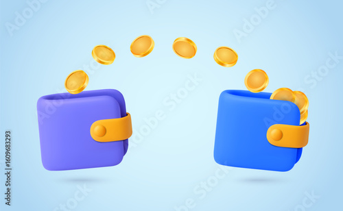 3d wallet with flying coins transfer to another wallet, isolated on white background. Payment process, giving or donation concept in 3d vector illustration. Vector illustration
