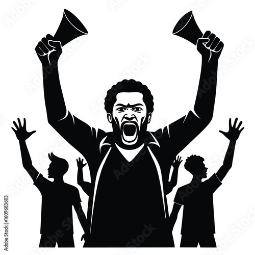 Powerful illustration of an orator shouting into a megaphone leading a group in protest against a cause