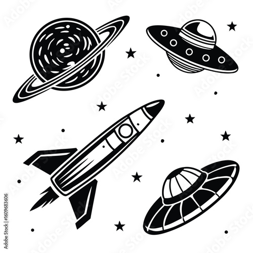 Black space silhouettes rocket planet flying saucers stars vector