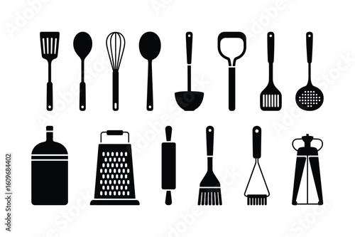 Collection of black kitchen utensil silhouettes kitchen utensils cooking tools