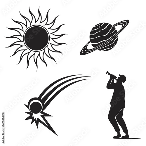 Celestial bodies and astronomer observing planet comet