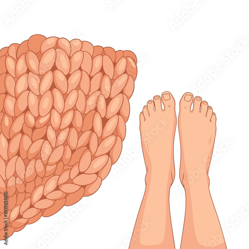 Close-up of bare feet on cozy knitted blanket with soft texture  