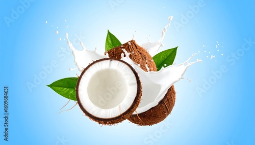Two halves of a coconut, in mid-air, with splashes of milk.  Fresh tropical fruit