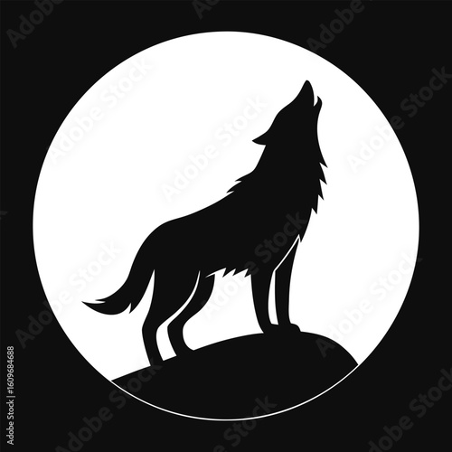 Black silhouette of a wolf howling at a white moon