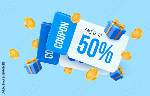 3d blue card voucher cashback template with coupon code, percentage off, flying gift boxes and golden coins. Gift vouchers and coupons in 3d vector illustration. Vector illustration