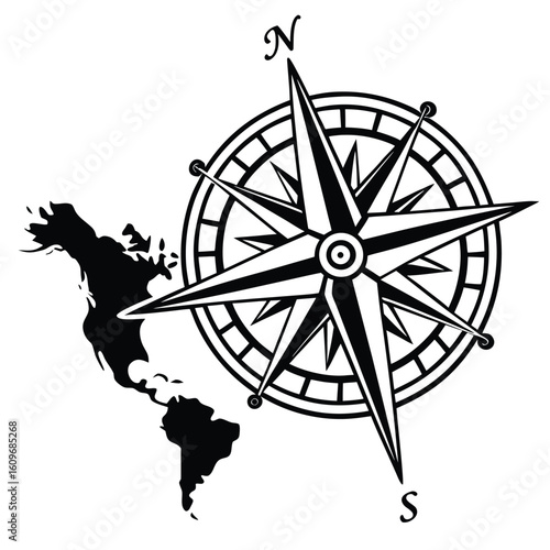Black compass rose with North America map vector