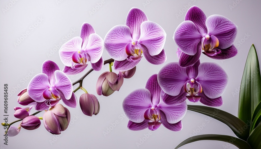Fototapeta premium a close up of a purple orchid branch with blooming flowers and unopened buds against a plain light background