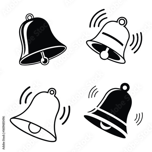 Four Black Bell Icons With Sound Waves notification