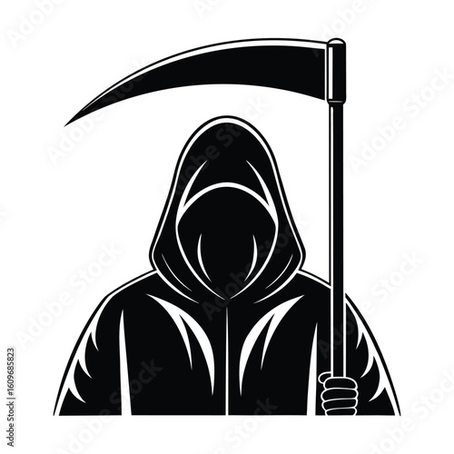 Black silhouette of hooded reaper holding scythe grim reaper