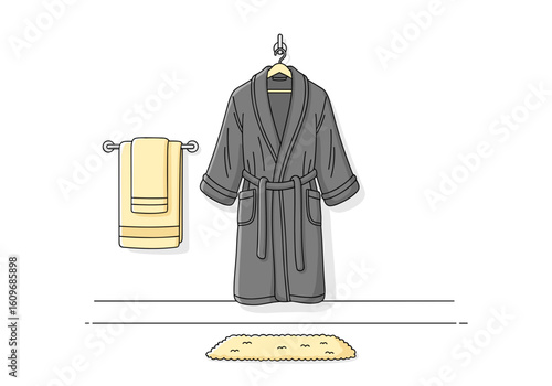 Cozy gray bathrobe hanging with towel and mat in simple bathroom  